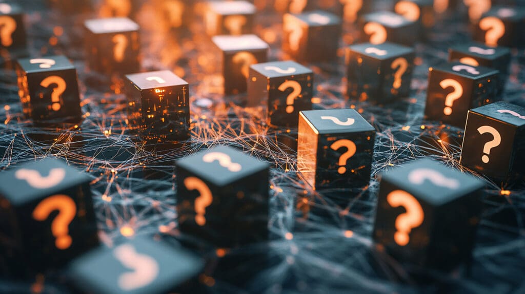 black cubes with question marks connected by a network of lines